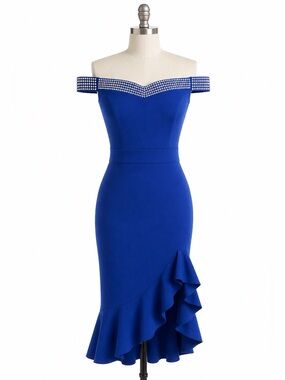 ane’s Off Shoulder Dress S-M Royal Blue Ruffle Hem Elegant Party
